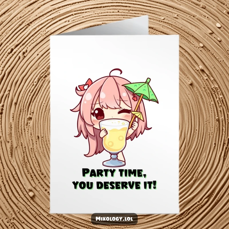 Funny Free Printable Birthday Card: Character winking while garnishing a drink with a tiny umbrella, party vibe.