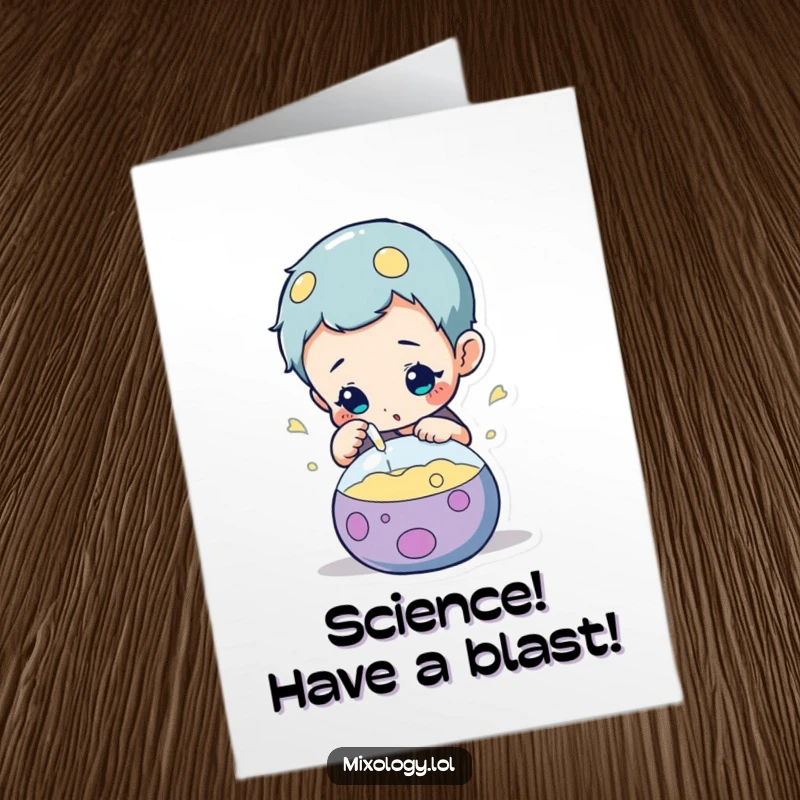 Funny Free Printable Birthday Card: Mad scientist character curiously inspecting a bubbling, colorful potion with a magnifying glass.