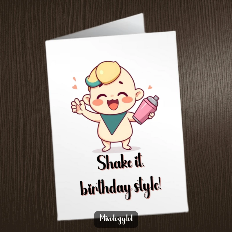 Funny Free Printable Birthday Card: A cute character gleefully shakes a cocktail shaker happily.
