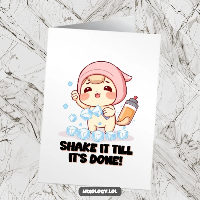 Funny Free Printable Birthday Card: Playful character hilariously trying to catch falling ice cubes with a shaker.