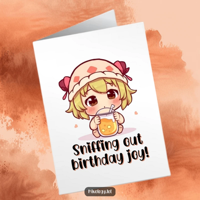 Funny Free Printable Birthday Card of a character curiously sniffing a new concoction with a comically intrigued expression.