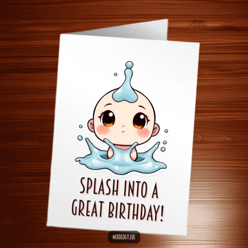 Funny Free Printable birthday card featuring a tiny character with wide eyes looking surprised as liquid splashes upwards.