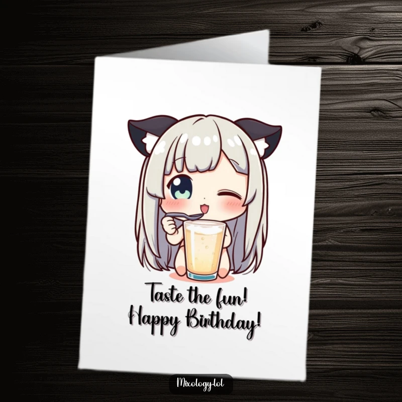 Funny Free Printable Birthday Card: Character savoring a drink with a tiny spoon, eyes wide with pure delight and surprise.