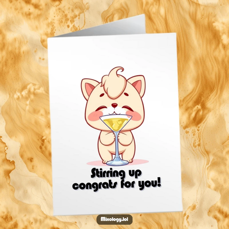 Funny Free Printable Congrats Card: Character with clumsy delight balances a cocktail stirrer perfectly on their nose, celebrating.