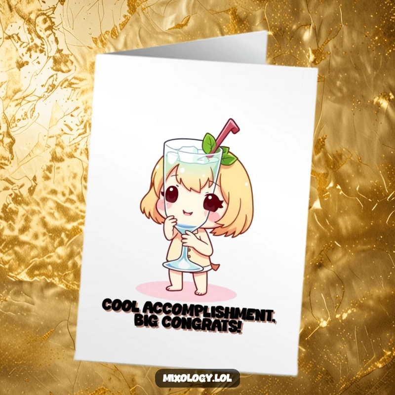Funny Free Printable Congrats Card of a sweet character presenting a chilled glass with a flourish, celebrating success.