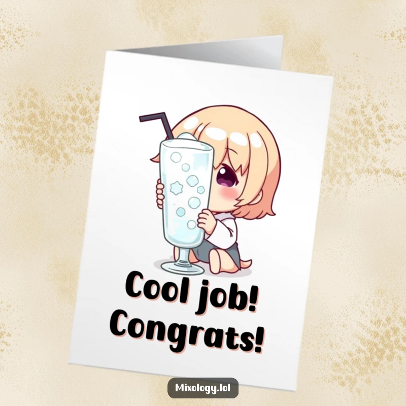 Funny free printable congratulations card featuring a character gazing adoringly at a frosty, condensation-covered glass, marking a cool achievement.