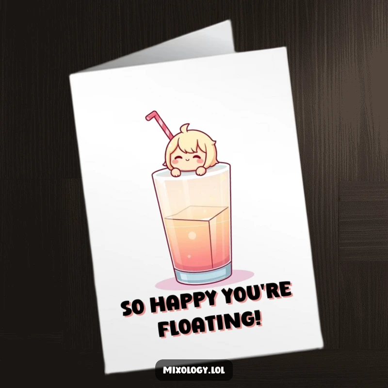 Funny Free Printable Congratulations Card: Cheerful character relaxing on a giant ice cube in a refreshing drink.