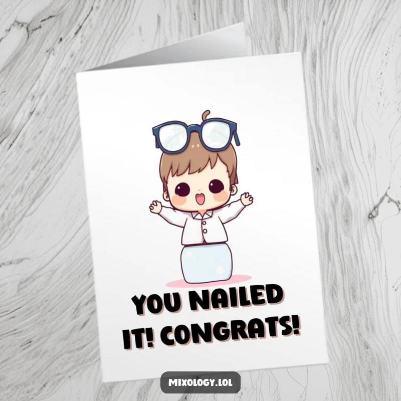 Funny free printable congratulations card showing a character skillfully balancing an impressive stack of glasses, symbolizing a great feat.