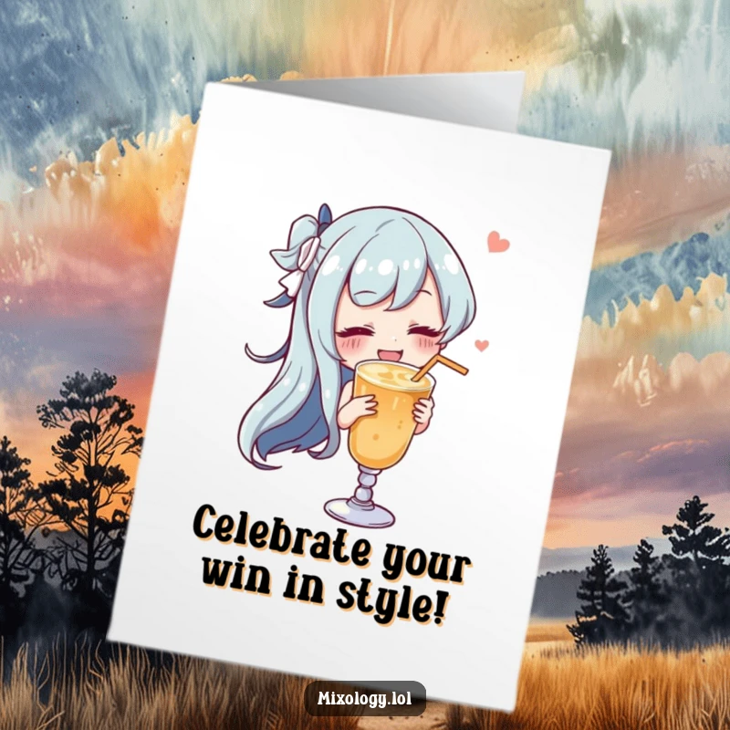 Funny Free Printable Congratulations Card: Character swirling a drink with a contented sigh, celebrating a successful achievement with chic satisfaction.