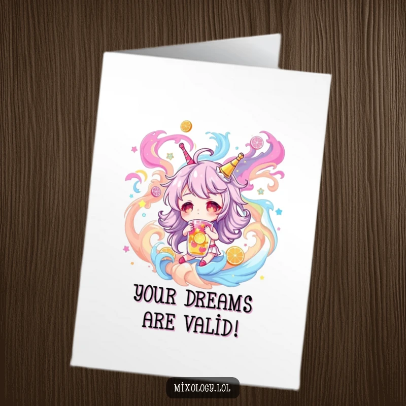 Funny free printable congratulations card featuring a character dreaming of bizarre and wonderful drinks in a swirl of colors.