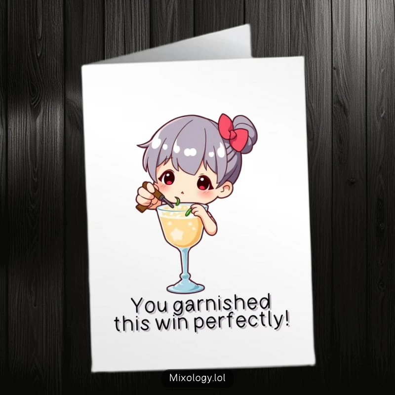 Funny Free Printable Congratulations Card featuring a skilled bartender meticulously adding a tiny garnish with expertise.