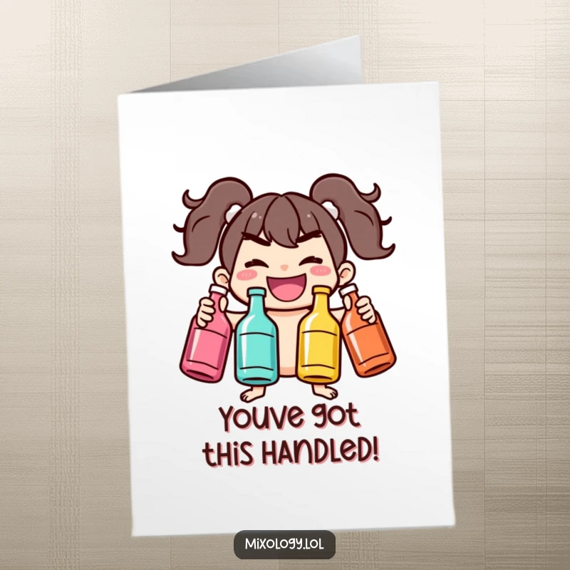 Funny Free Printable Congrats Card: Character joyfully juggles three bottles with a mischievous grin, celebrating success.