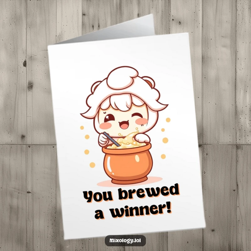 Funny Free Printable congratulations card featuring a delighted kawaii character creating a bubbling success potion, perfect for celebrating wins.