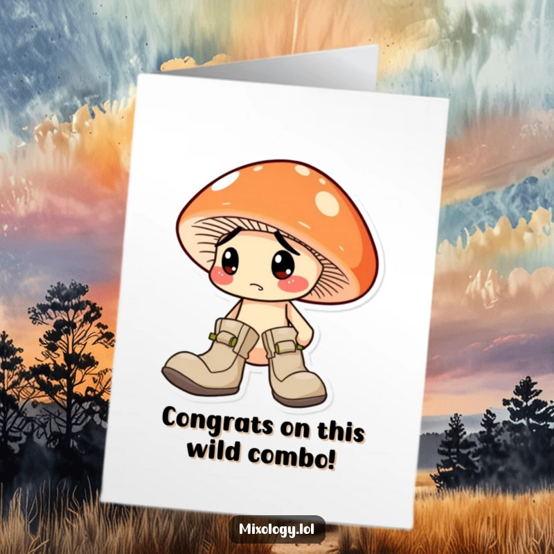 Funny Free Printable Congratulations Card: A confused mushroom character with one boot on each foot, celebrating your success.