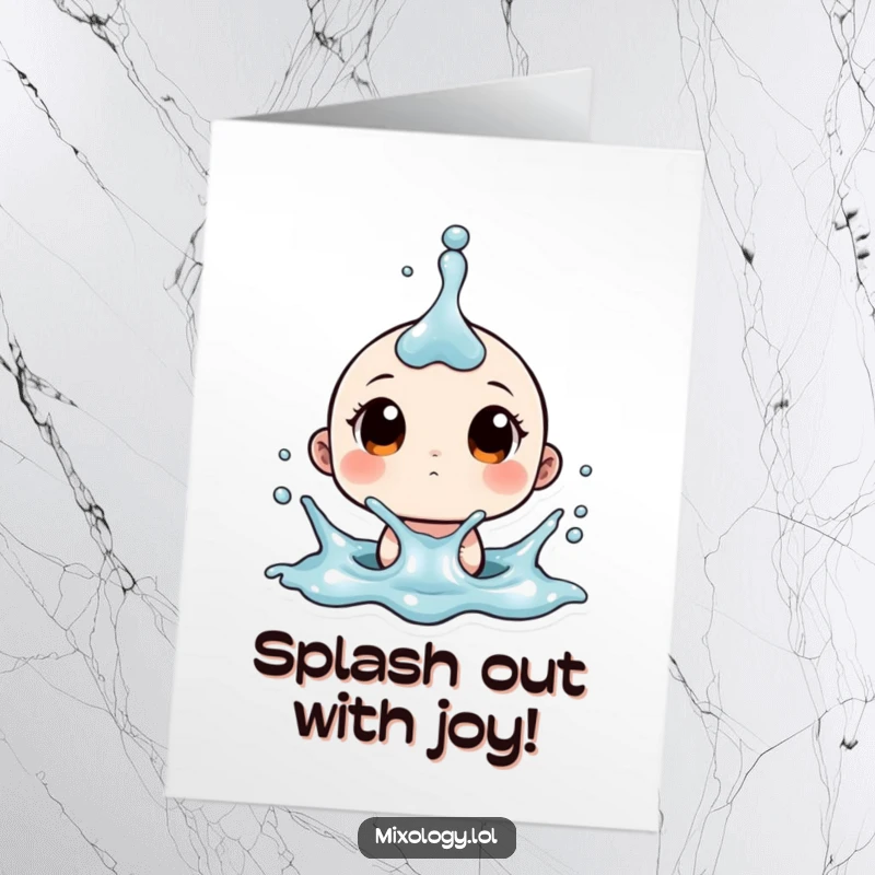 Funny Free Printable congratulations card showing a tiny character with wide-eyed surprise as a liquid splash erupts upwards.