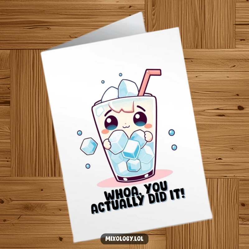 Funny Free Printable Congrats Card: A surprised character observes dancing ice cubes in a drink, celebrating achievements with downloadable whimsy.