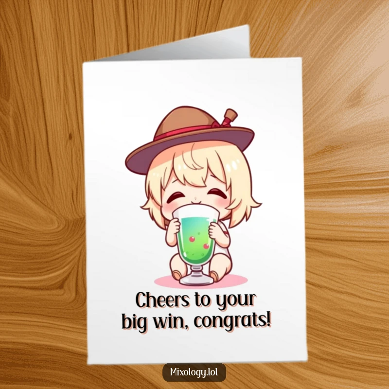 Funny Free Printable Congrats Card featuring a charming figure with a tiny hat, smiling as they enjoy a colorful drink.