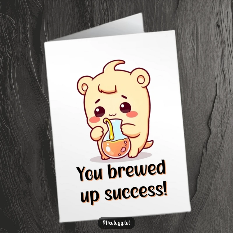 Funny Free Printable Congrats Card: Kawaii character comically pouring liquid from a beaker with a shocked grin.
