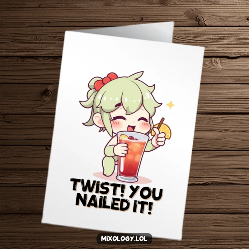 Funny free printable congratulations card: A character excitedly garnishes a drink with a citrus twist, celebrating a successful creation.