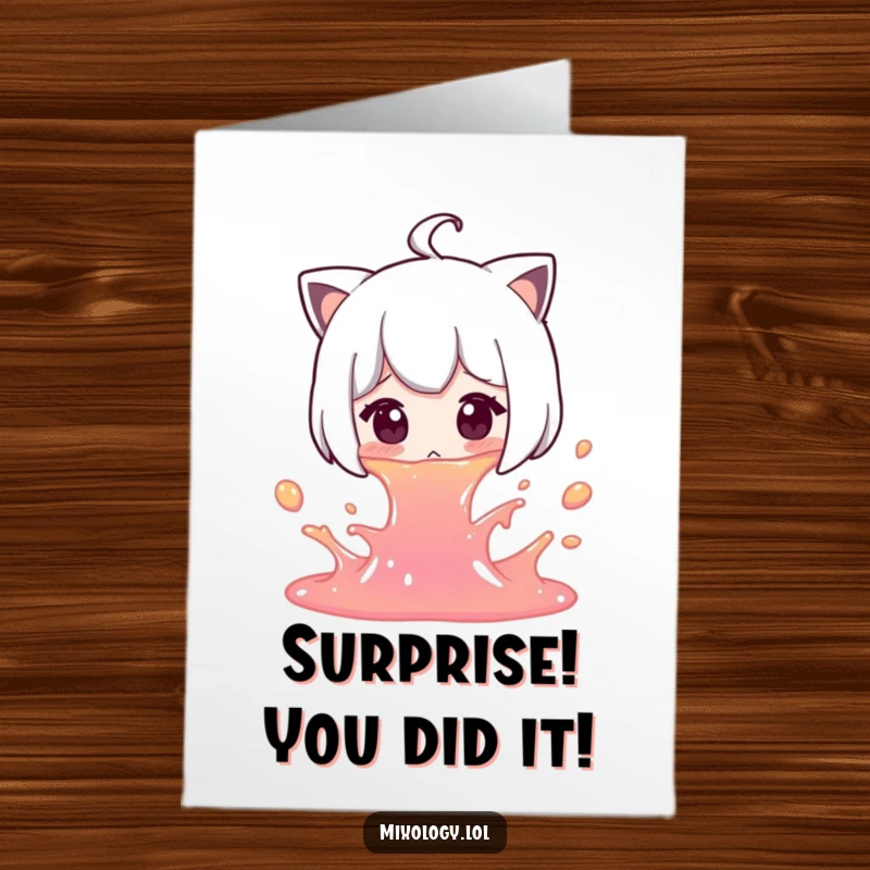 Funny Free Printable Congratulations Card: A character looking shocked after a colorful liquid spill, perfect for congrats.
