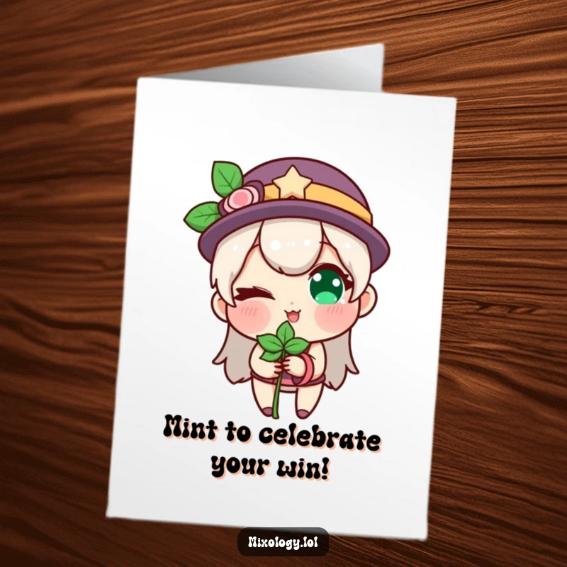 Funny free printable congratulations card: A character winks slyly while presenting a sprig of mint, signifying a cool and successful achievement.