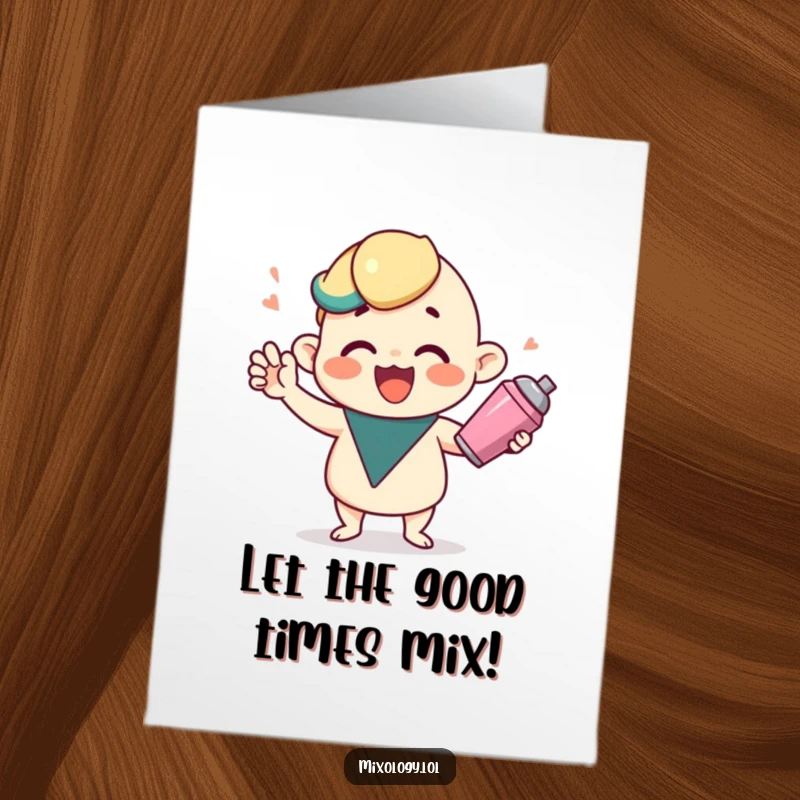 Funny Free Printable Congrats Card: A cute character gleefully shakes a cocktail shaker with joy.