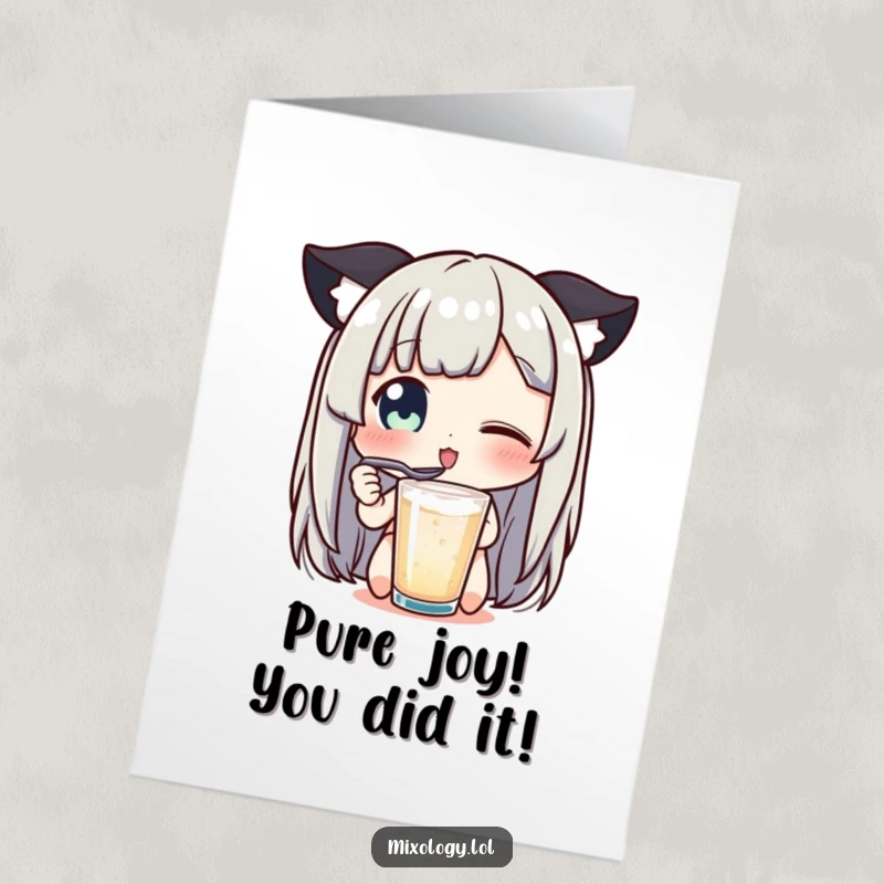 Funny Free Printable Congratulations Card: Character tasting something delightful with a tiny spoon, eyes widening in happy surprise.