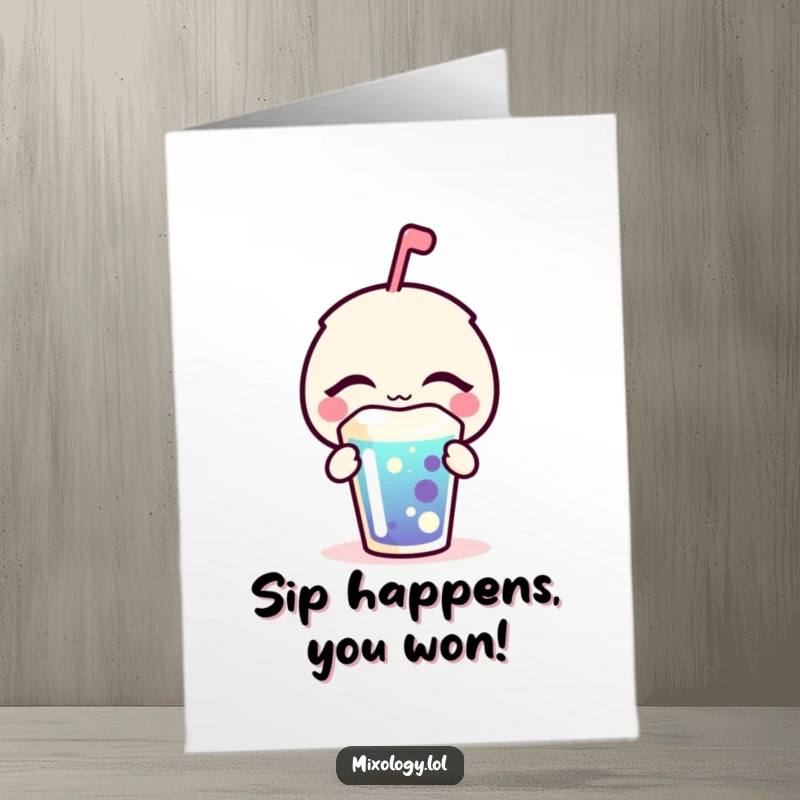 Funny Free Printable Congrats Card: A bubbly icon sips a colorful drink in blissful relaxation, celebrating your achievement.