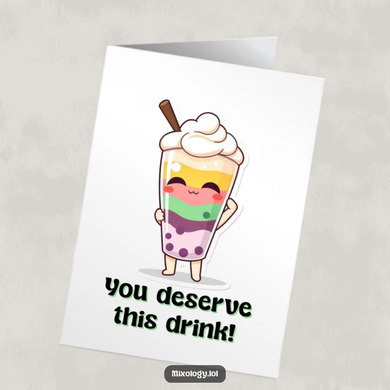 Funny Free Printable Congratulations Card: Character proudly displaying a colorful layered drink, a festive downloadable gift.