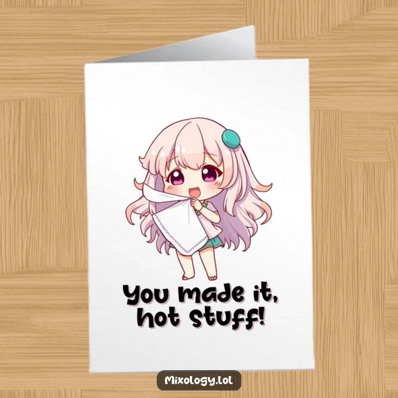 Free Printable Congratulations Card: Sassy character fans herself dramatically, maybe from the heat of success or just fabulousness.