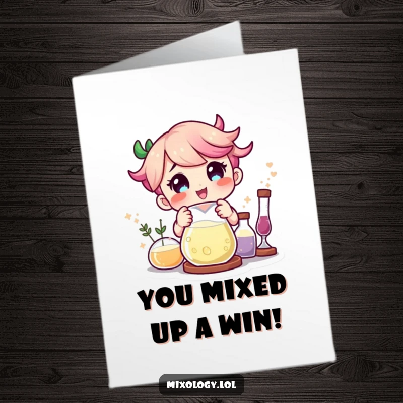 Funny Free Printable Congratulations Card: Character delighted by the magical combination of ingredients in a beaker, signaling a successful experiment.