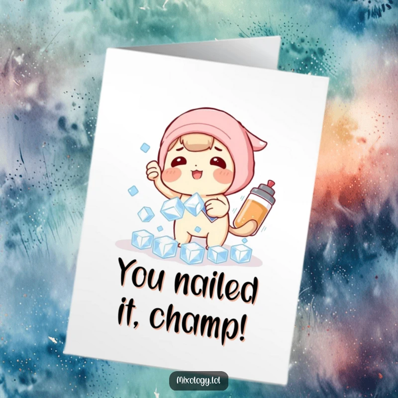 Funny Free Printable Congratulations Card: Playful ice cube character attempting to catch falling cubes with a shaker.