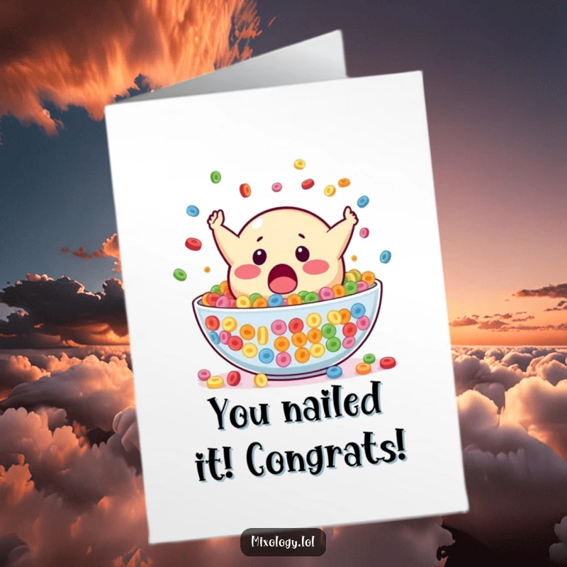 Funny Free Printable Congratulations Card: A surprised blob mascot dramatically falls headfirst into a large bowl of colorful cereal.