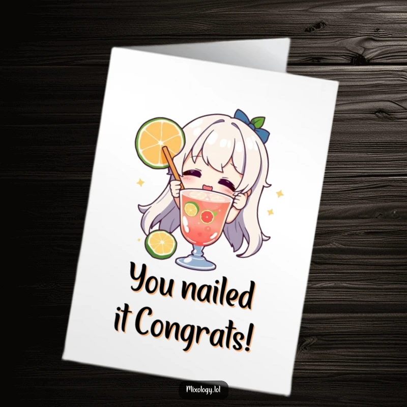 Funny Free Printable Congratulations Card: A joyful character garnishes a drink with a fruit slice, celebrating success.