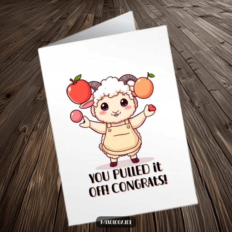 Funny Free Printable Congratulations Card: A sheep wearing an apron comically juggles three fruits, celebrating your impressive feat.