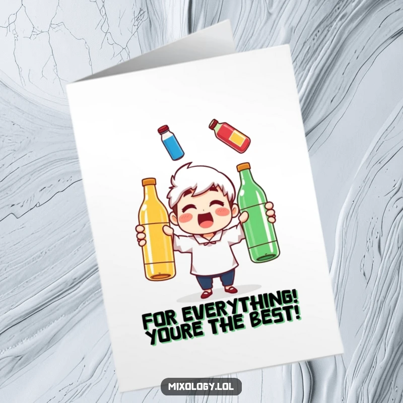 Funny Free Printable Thank You Card: Surprised character juggling bottles, expressing thanks with a humorous and memorable splash.