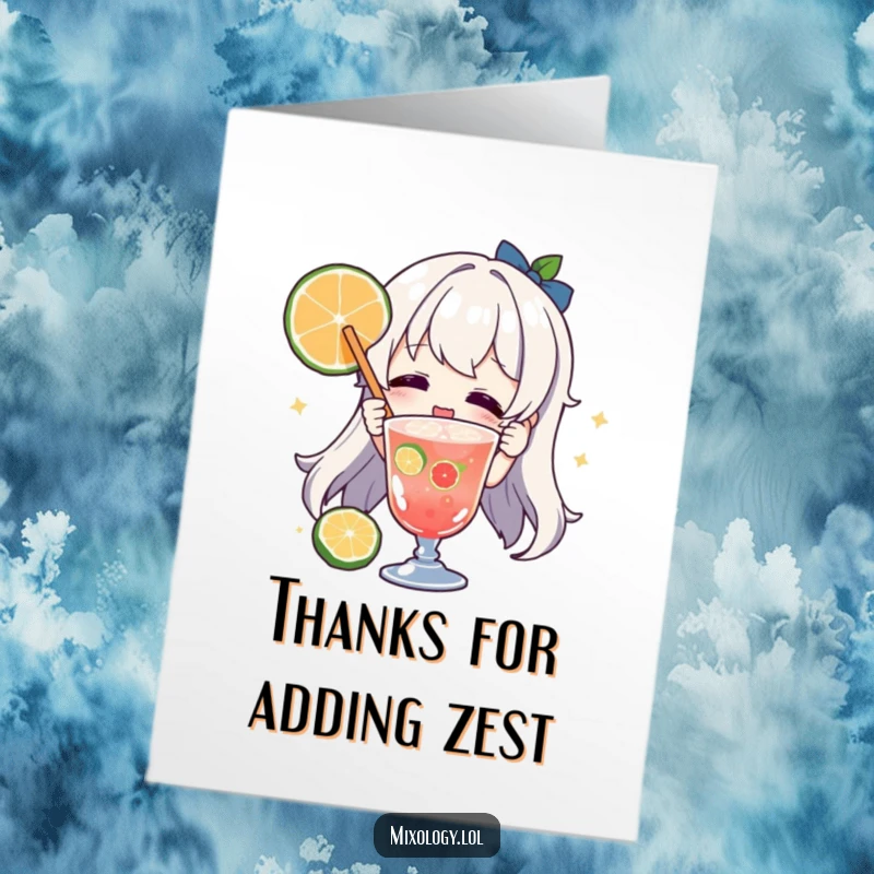 Funny Free Printable Thank You Card: A joyful character garnishes a drink with a fruit slice, offering thanks sweetly.