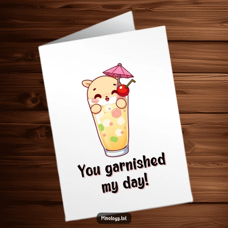 Funny Free Printable Thank You Card: A curious character garnishes a drink with a tiny umbrella and cherry, a sweet thank you.