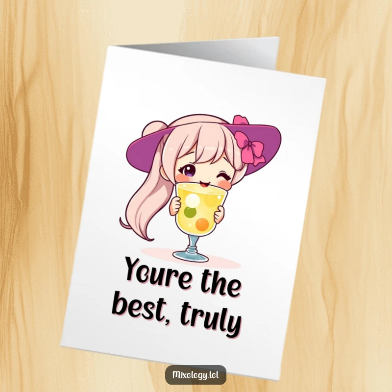 Funny free printable thank you card with a character proudly holding a delicious cocktail, expressing gratitude.