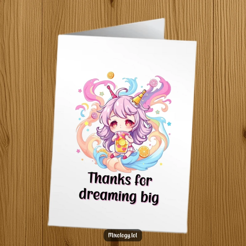 Funny free printable thank you card showing a character with swirling colors, inspired by dreams of fantastical beverages.