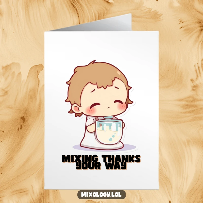 Funny Free Printable Thank You Card: Curious character intently looking at a bubbling mixer, conveying thanks with a sense of wonder.
