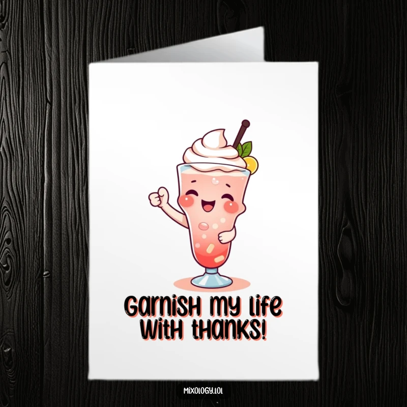 Funny Free Printable thank you card of an adorable subject joyfully garnishing a drink with a playful flourish, expressing thanks.