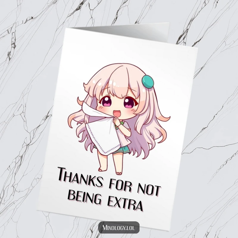 Funny Free Printable Thank You Card: A sassy character fans herself, conveying thanks with dramatic flair and humor.