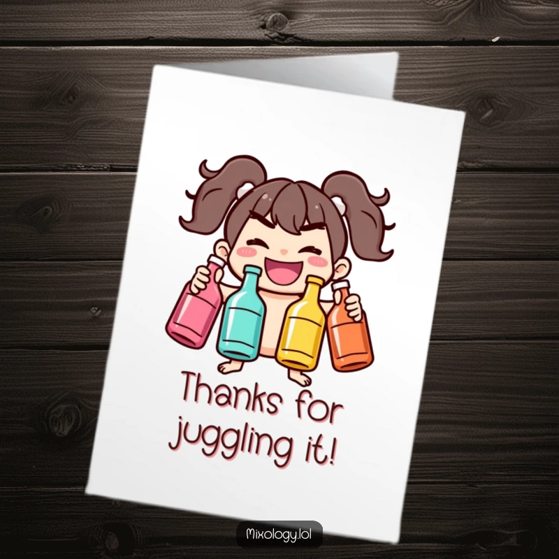 Funny Free Printable Thank You Card: A joyful character with a mischievous grin juggles three colorful bottles, thanking someone.