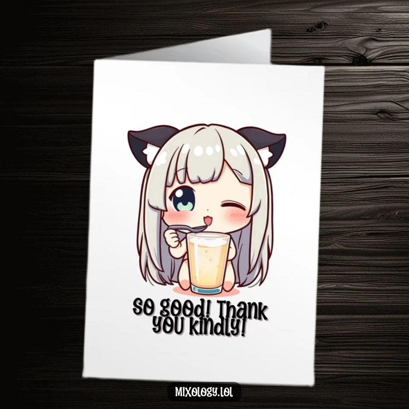 Funny Free Printable Thank You Card: Character tasting a drink with a tiny spoon, eyes sparkling with delight and gratitude.