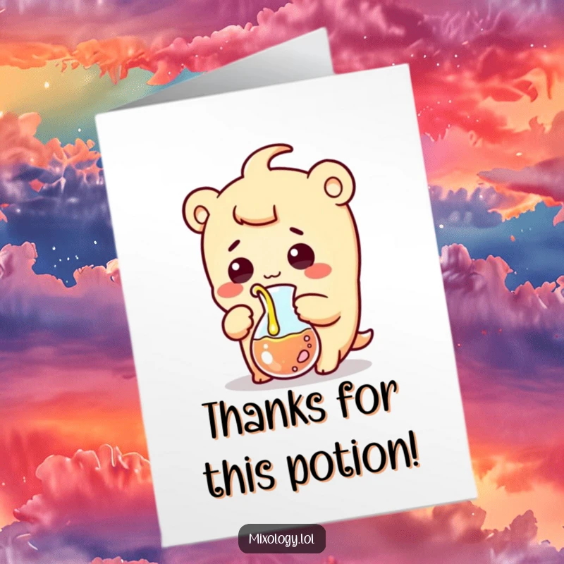 Funny Free Printable Thank You Card: Kawaii character comically pouring liquid from a beaker with a surprised expression.