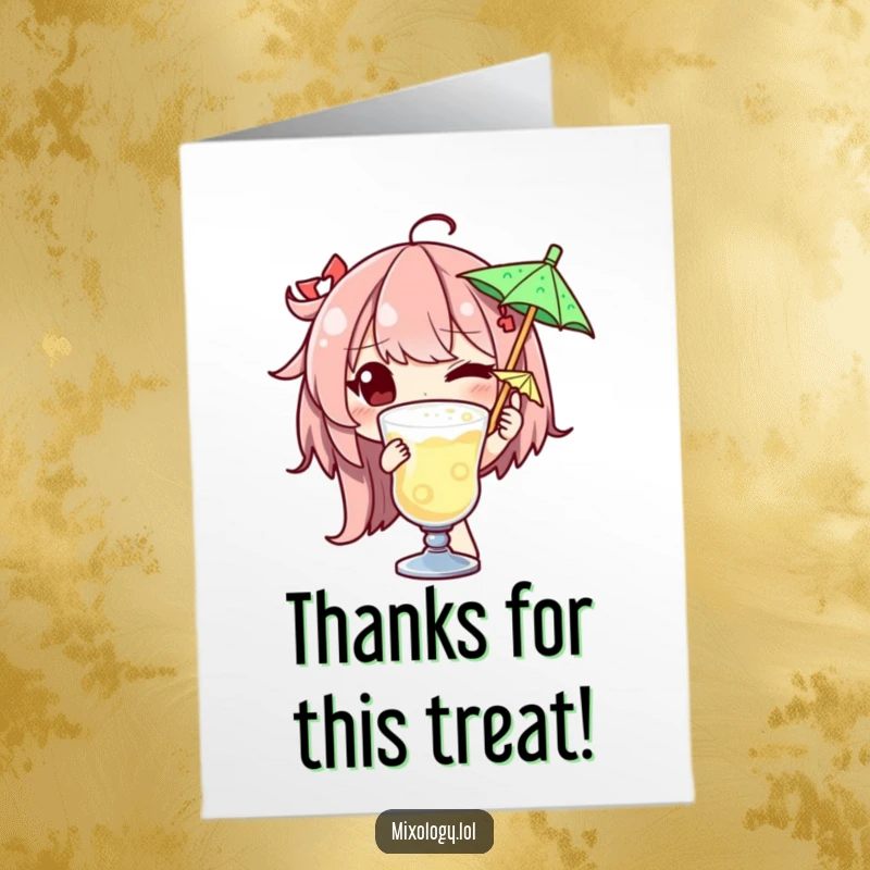 Free Printable Thank You Card: Character winking while garnishing a drink with a tiny umbrella, a gesture of thanks.