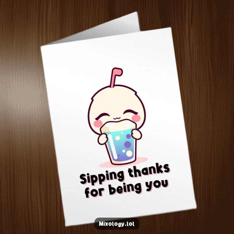 Funny Free Printable Thank You Card: A bubbly icon blissfully sips a colorful beverage, offering thanks with pure contentment.