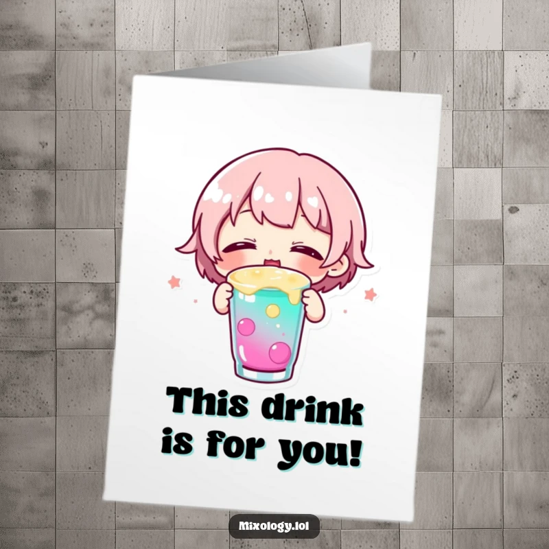 Free Printable Thank You Card: Small character happily sipping a colorful drink, radiating contentment.
