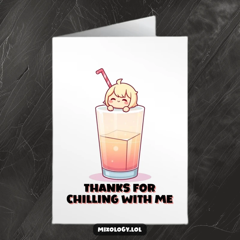 Funny Free Printable Thank You Card: Cheerful character enjoying a serene float on a large ice cube in a beverage.